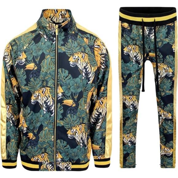 Men's Side Stripe Zipper Jacket Drawstring Waistband Tracksuit